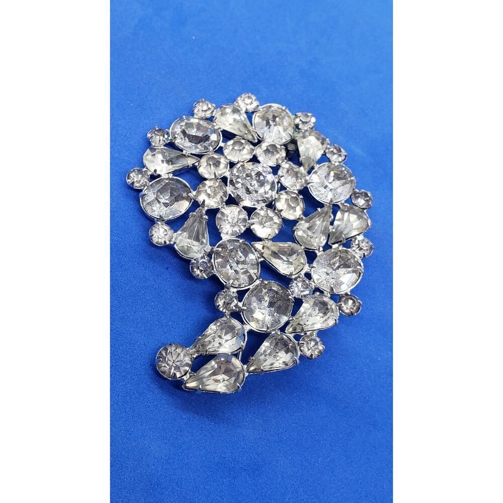 Vintage Rhinestone Brooch Clear Crystal Silver Tone Huge Size Foil Open Backed